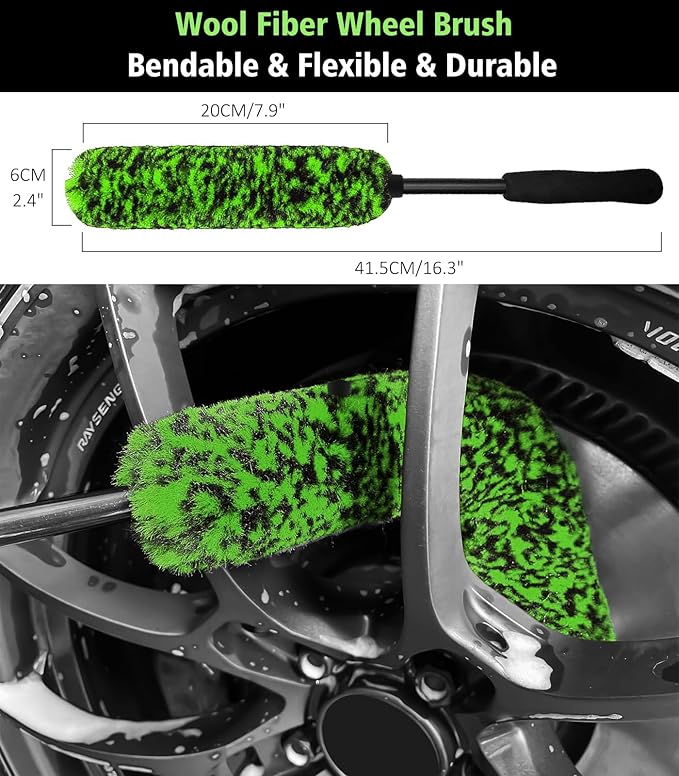 YeewayVeh 5PCS Car Wheel Brush Kit, Bendable Rim Cleaner Brush & Non-Metallic Wheel Cleaning Brush Set with Tire Brush, Car Detailing Brush and Tire Shine Applicator, Green&Black
