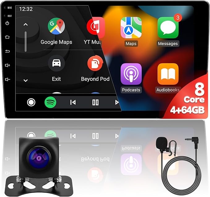 10'' 8Core 4+64GB QLED Full Touch Android Double Din Car Stereo Radio Audio Video Player with Apple CarPlay Android Auto 4G&WiFi DSP FM&AM BT MirrorLink Split Screen PIP GPS Navigation