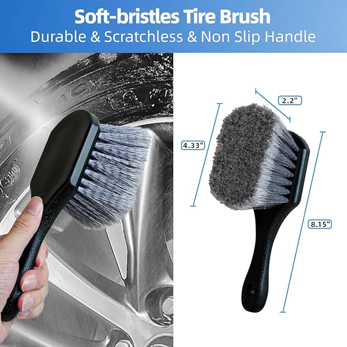 9Pcs Car Wheel Detailing Brush Kit – Scratch-Free Rim & Tire Cleaner Brushes with Tire Shine Pad, Microfiber Towel & Bag – Heavy-Duty Auto Detailing Tools for Cars, Trucks, RVs & Motorcycles