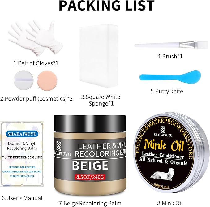 8.5oz Leather Recoloring Balm with 100ml Mink Oil,Beige Leather Repair kit for Furniture and Car Interior,Leather Couch Scratch Repair,Leather Dye Paint,Mink Oil for Leather