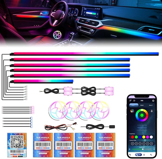 New Version Dreamcolor Acrylic Car Interior Lights 22 in 1 RGB LED Strip Lights APP Control Zoned Control System 252 Color Modes DIY Fiber Optic Ambient Lighting Kits Music Car Neon Lights