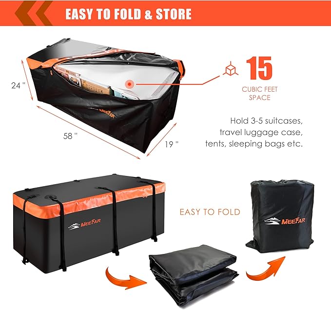 MeeFar Hitch Mount Cargo Carrier Bag Soft Shell 100% Waterproof 15 Cubic Feet (58" 24" 19") Include 8 Reinforced Straps for Truck Pickup All Vehicle with Steel Cargo Basket