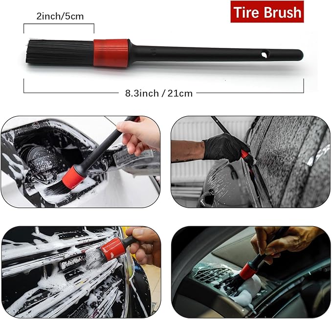 Wheel Brush Kit for Cleaning Wheel and Tire, 2 Soft Bendable Wheel Woolies Cleaning Brush, Stiff Tire Brush, Detailing Brush, Flexible&Durable Wheel Rim Cleaner Brush Set (Red)