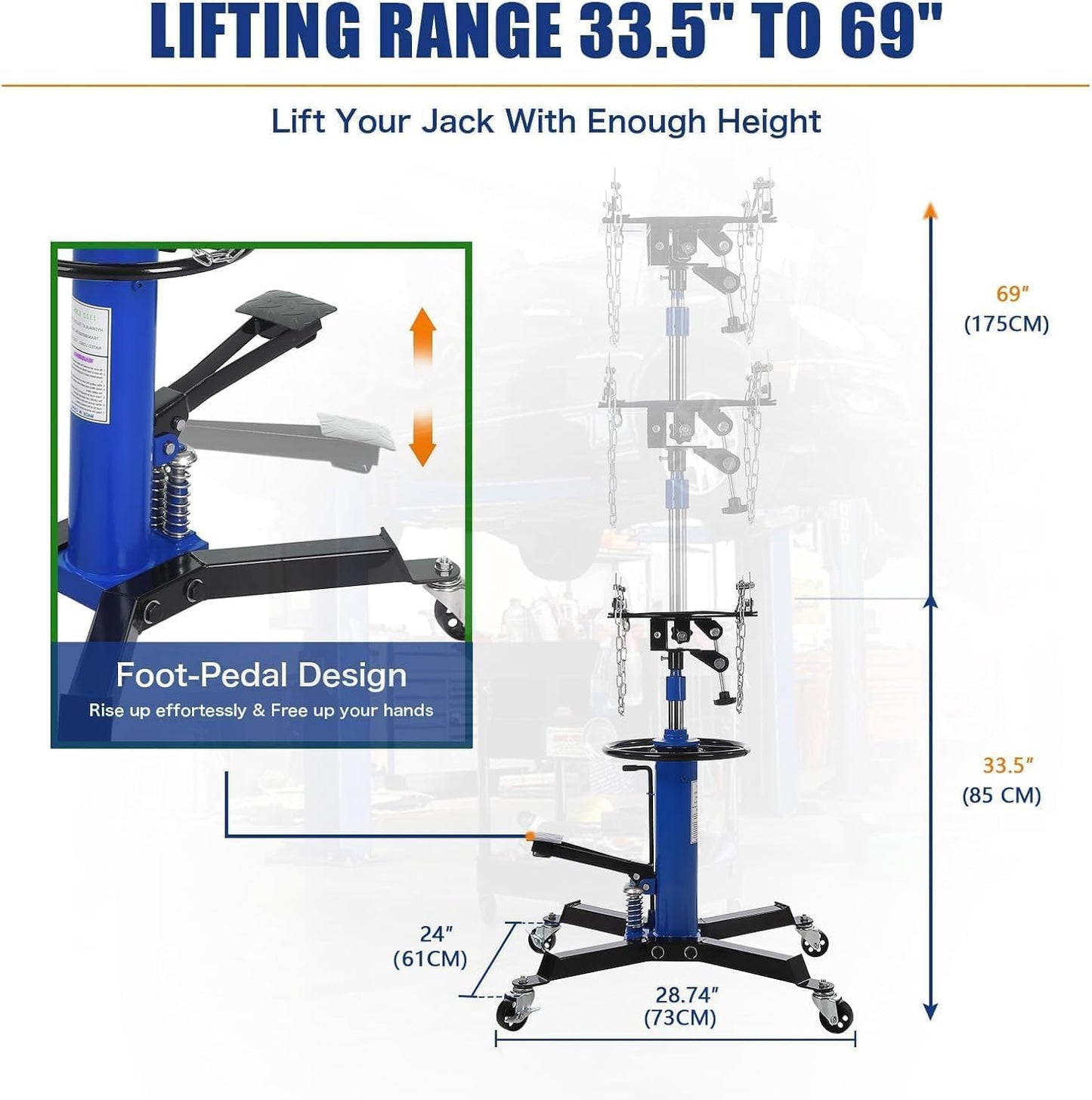 Transmission Jack 1322 LBS Hydraulic Telescoping 2-Stage Lift Jack Stand 33.8"-72.8" High Lift Transmission Jacks with Foot Pedal & 360° Swivel Wheels for for Garage/Workshop Car and Truck Repairs
