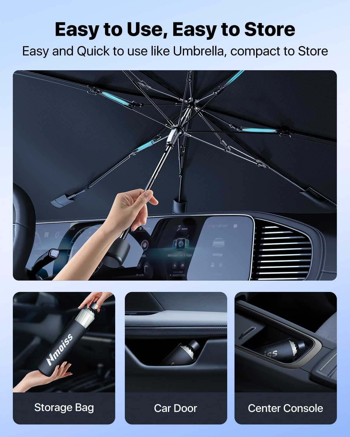 [2025 Upgraded] Nmoiss Windshield Sunshade Umbrella Car - [Vinyl Coating Heat Shield] Protect Car from Sun Rays & Heat Damage Keep Cool and Protect Interior X-Small (52" L x 28" W)