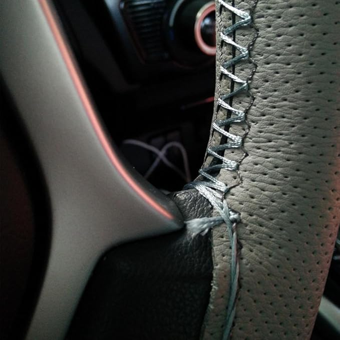 Onerbuy Universal Leather Car Steering Wheel Stitch On Wrap Cover DIY Sewing Breathable and Anti Slip, 15-Inch (Gray)
