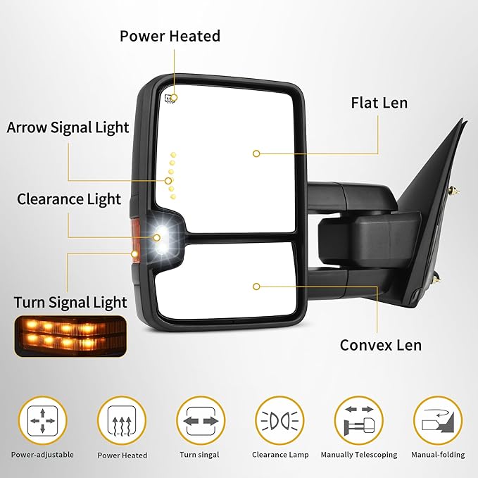 DWVO Towing Mirrors Compatible with 14-18 Silverado GMC Sierra 1500 2500 3500 HD,Power Heated Side Mirrors Tow Mirrors, Telescoping Power Folding with LED Turn Signal