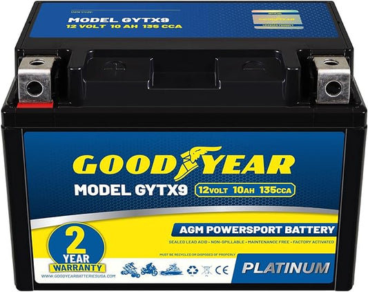 Goodyear GYTX9-12 Volt 10 AH, 135 CCA, Rechargeable High-Performance, Maintenance Free, SLA - AGM Battery for Motorcycle, ATV, UTV, 4-Wheeler, Snowmobile, Watercraft and more!