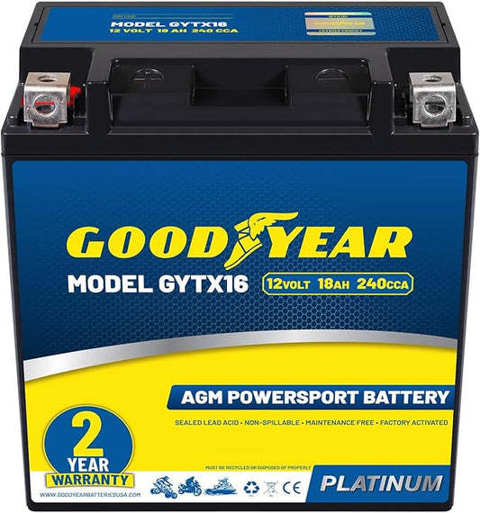 Goodyear GYTX16-12 Volt 18 AH, 240 CCA, Rechargeable High-Performance, Maintenance Free, SLA - AGM Battery for Motorcycle, ATV, UTV, 4-Wheeler, Snowmobile, Watercraft and more!