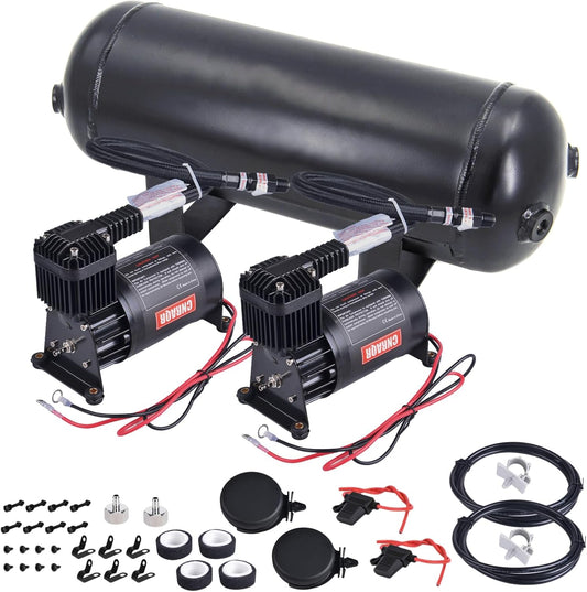 3 Gallon Air Tank with 150PSI Air Compressor 2PCS for Suspension/Air Ride/Bag/Car Train Truck Horn Aluminum 12 Liter Compressed air Storage Tank Onboard System Air Suspension Compressor Kit