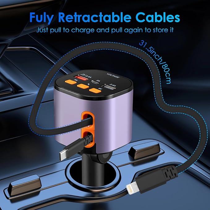 Retractable Car Charger,5 in 1 Fast Cars Phone Charger 90W,Bluetooth 5.3 FM Transmitter Adapter,Handsfree Call,2 Retractable Cables and USB Chargers for iPhone17/ 16/15/14/13/Samsung