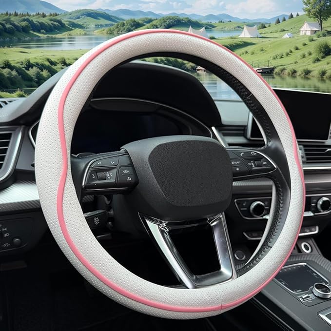 Leather Steering Wheel Cover， with Anti-Slip Stripe Design - Enhanced Grip, Fashion Style, Safe, Non-Slip, Breathable. Upgrade car Interior，White Pink