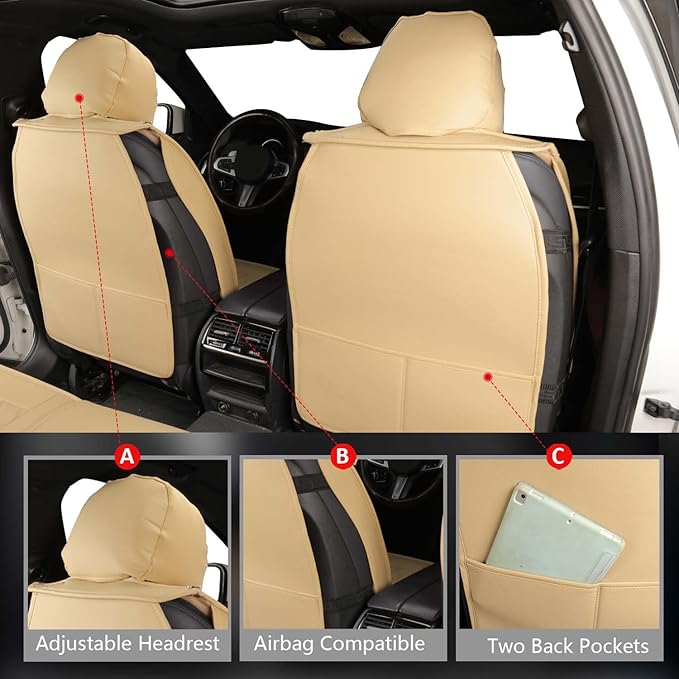 MIROZO Front Seat Covers for Car,2PCS Waterproof Car Seat Covers Faux Leather Automotive Seat Covers Car Seat Protector Vehicle Seat Cover for Sedan, Truck and SUV (2PCS Front, Beige