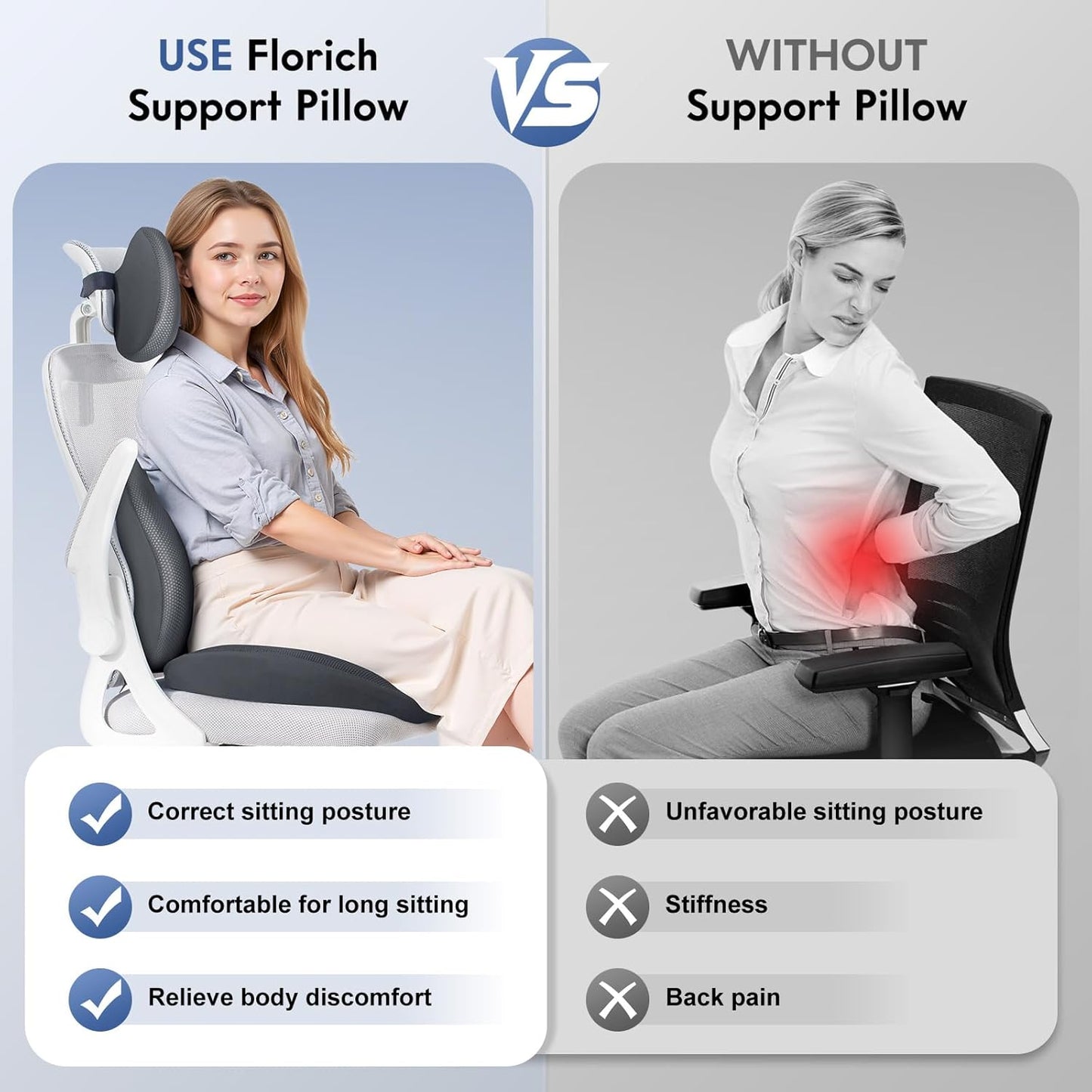 FLORICH Seat Cushion and Lumbar Support Pillow for Office Chair Car, Car Neck Pillow, Ergonomic Memory Foam Back Support for Office Gaming Chair Wheelchair, Relieves Neck, Back & Sciatica Pain – Gray