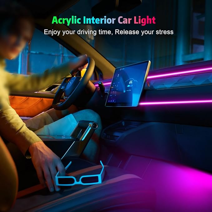 Acrylic Interior Car Lights, AMKI Car LED Strip Light with APP Control, Accessories Car Ambient Light Kit with RGB 14 in 1 and 175 inches 593 LEDs, 16 Million Colors Music Active Neon Lighting