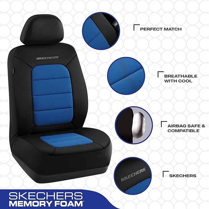 Skechers Memory Foam Car Seat Covers,Thick Cool Touch Fabric Seat Covers,Front Seat Cover Airbag Compatible,Automotive Comfort Protection for Most Cars,Vans,Trucks,SUV,Blue