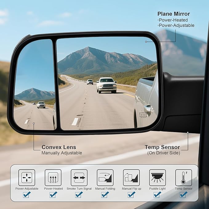 Tow Mirrors Compatible with 2009-2018 Dodge Ram 1500, 2010-2018 2500 3500, Flip Up Extended Trailer Towing Side Mirrors with Turn Signal, Power Heated, Black