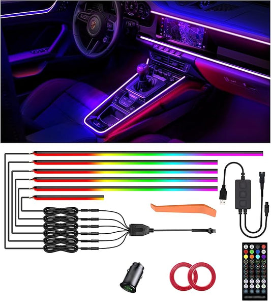 KENANEK 175’’ Acrylic Car Ambient Lighting Kit – 6 RGB LED Light Strips, APP/Remote/Control Box, Music Sync, Dual USB Cigarette Lighter, Universal Fit for Car/SUV/Truck