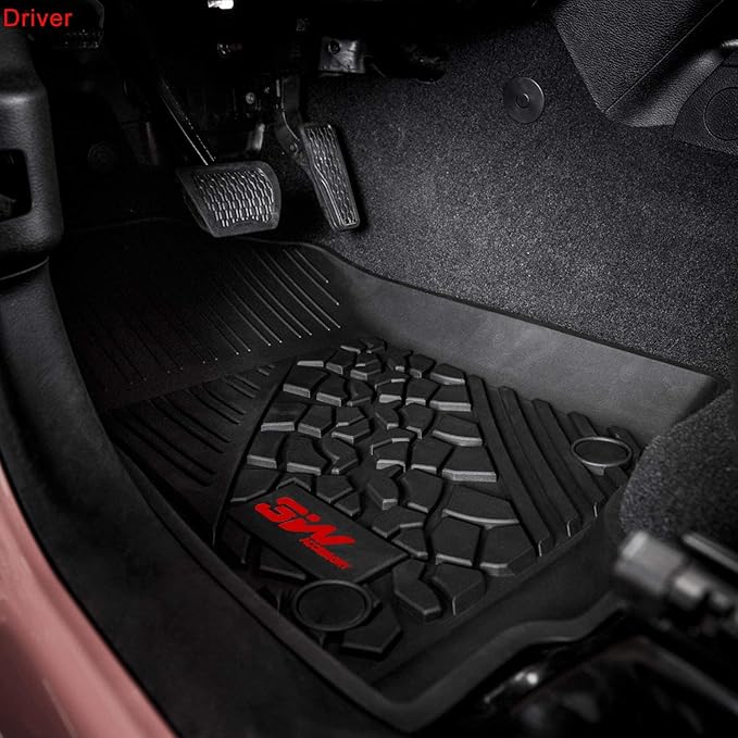 3W Floor Mats Fit for Jeep Wrangler 4XE 2021-2024 2025 Hybrid 4 Door (Non JL or JK), Black All-Weather TPE Floor Liner for 1st and 2nd Row Full Set Car Mats, Red Logo