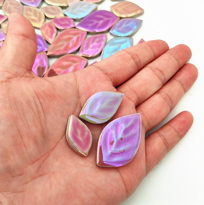 1.1LB Random Iridescent Leaves Ceramics Mosaic Tiles, Making Creative 3 Size Ceramic Mosaic Pieces for DIY Craft,Flowerpots, Vases, Cups, Garden Decor Mosaic Making Supplies (Purple)