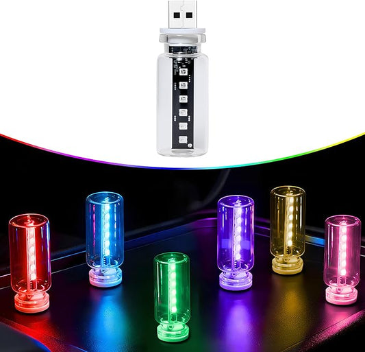 7 Color RGB Car USB Night Light, Touch Dimmable LED Filament Lamp - Color Changing Vintage Glass Bottle Light for Car Interior, Bedroom, Camping Decor