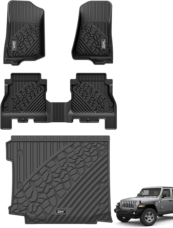 3W Floor Mats&Cargo Liner Compatible for Jeep Wrangler JL 2018-2024 2025 Unlimited 4-Door with Subwoofer (Non JK or 4XE) All-Weather TPE Floor Liner for 1st, 2nd Row and Trunk Full Set Car Mats,Black