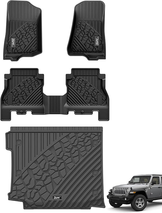 3W Floor Mats&Cargo Liner Compatible for Jeep Wrangler JL 2018-2024 2025 Unlimited 4-Door with Subwoofer (Non JK or 4XE) All-Weather TPE Floor Liner for 1st, 2nd Row and Trunk Full Set Car Mats,Black