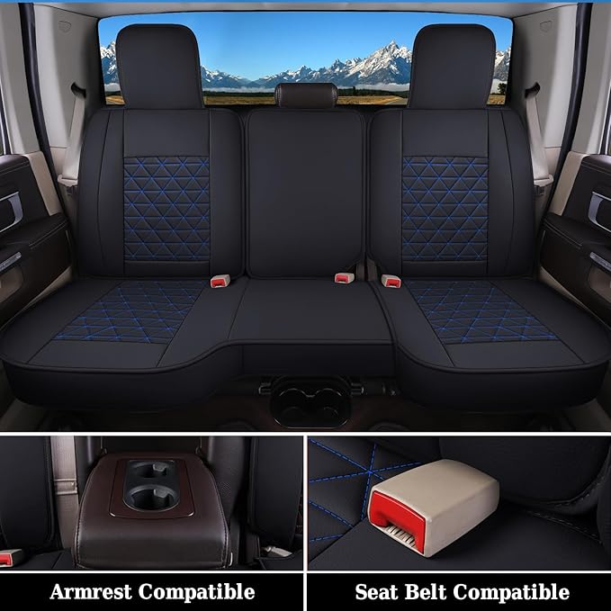 Coverado RAM Seat Cover Full Set, Leather Seat Covers Fit for Dodge RAM 1500, Truck Seat Covers Custom Fit for 2002-2025 Dodge RAM 1500 2500 3500 Crew Quad Cab with Curved Bench, Blue