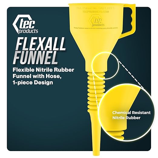 TEC Products FlexAll Long Flexible Funnel for Automotive Use - Durable Nitrile Rubber - Ideal for Car Oil Change, Transmission Funnel Fluid, Diesel, Fuel, Gas - Made in USA - Yellow (12 x 4 Inches)