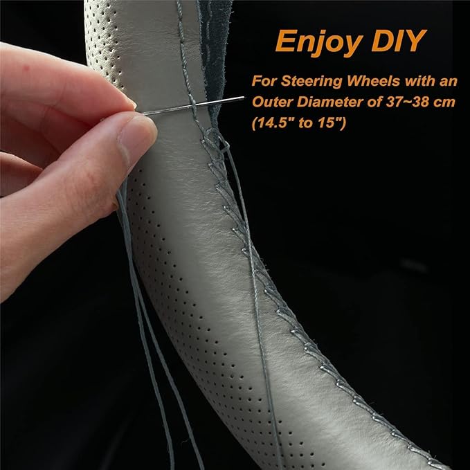 AUTOXBERT 38cm/15 Inch Genuine Leather DIY Steering Wheel Cover Soft Hand Sewing On Wrap Cover with Needles Thread fit for VW Ford Nissan Kia Vauxhall