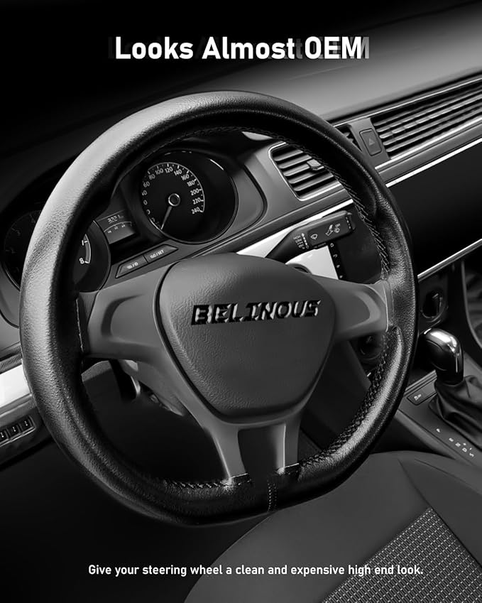 BELINOUS Leather Steering Wheel Cover Lace Up, Stitch On Wrap, Universal Fit 13-20 inch Car Truck SUV Pickup Boat, A Whole Piece of Cowhide, DIY Stitch w/Needle Thread (Size S4, Black)