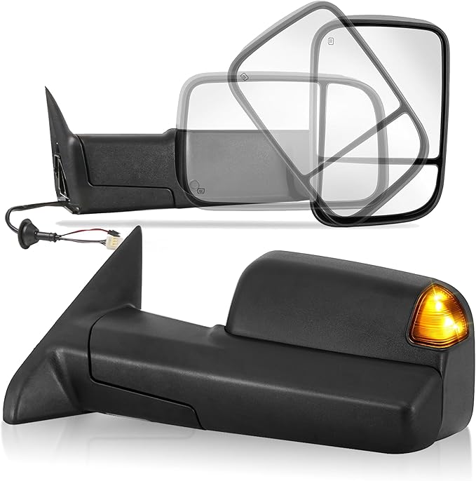 Pair Power Heated Towing Mirrors Compatible for 1998-2001 Dodge 1500 1998-2002 Ram 2500 3500 w/Amber Turn Signal Light Side Tow Mirror Manual Telescoping Fold (Black)