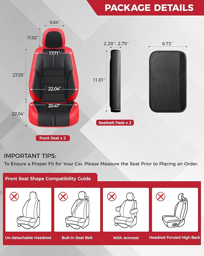 FREESOO Red Black Front Car Seat Covers - Faux Nappa Leather Seat Covers for Cars, with Carbon Fiber Texture Seatbelt Pads, Interior Protectors Universal Fit for Most Vehicles Sedans SUV Trucks Camry