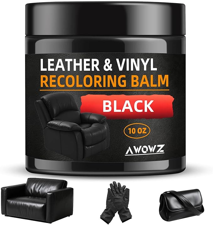 Leather Recoloring Balm - Scratch Repair & Color Restore Kit for Faded Leather, Leather Couch & Car Seats - 10OZ Leather Restorer Balm for Furniture, Auto Interior, Vinyl, Accessories (Black)