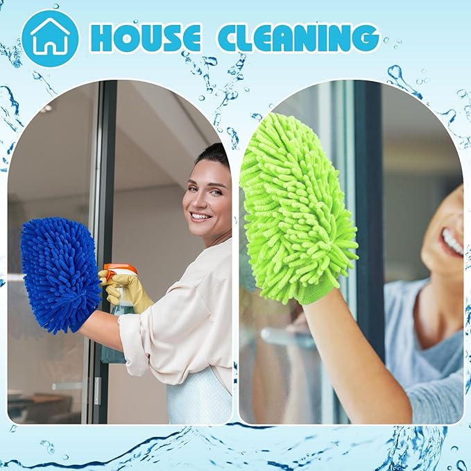 Toulite 16 Pcs Car Wash Mitt Chenille Microfiber Wash Mitt Double Sided Glove Cleaning Drying Mitts(7.48 x 10.24 Inch,Royal Blue, Green)