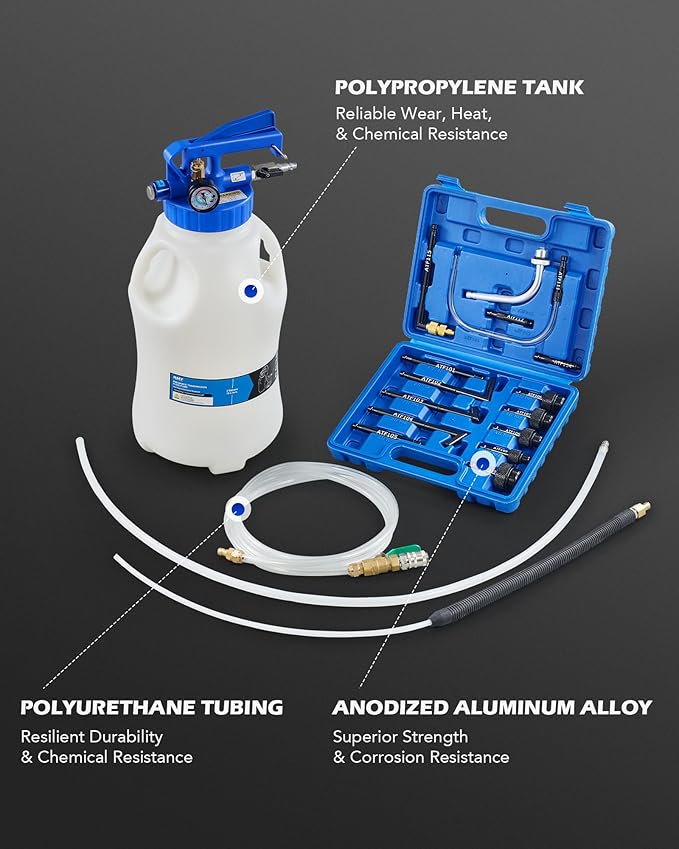 Orion Motor Tech Oil Extractor Pump and Dispenser Tool Kit, 10L Pneumatic Transmission Fluid Bleeder Set, 2.6gal 2 Way Vacuum Fluid Evacuator and Filler Oil Change Kit 15 ATF Refill Adapters 3 Hoses