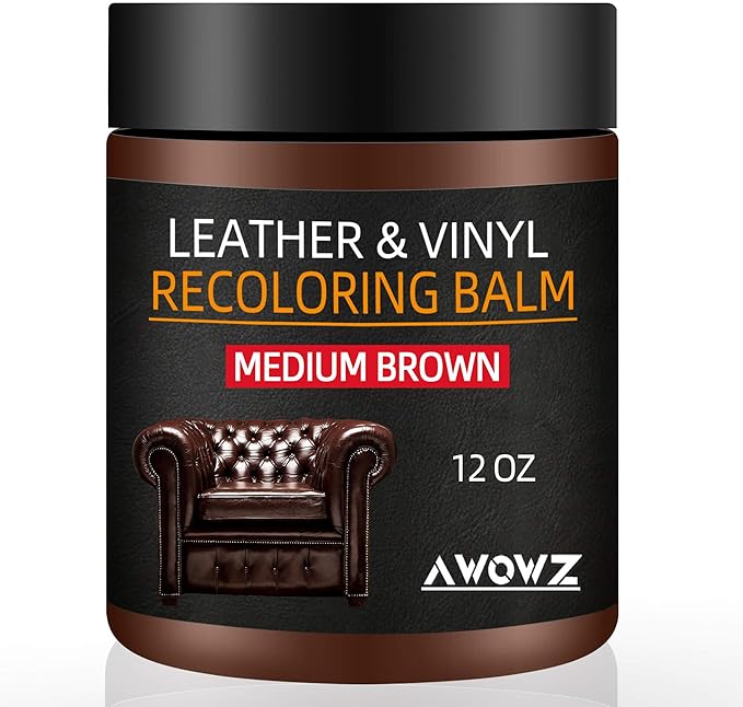 Leather Recoloring Balm - Scratch Repair & Color Restore Kit for Faded Leather, Leather Couch & Car Seats - 12OZ Leather Restorer Balm for Furniture, Auto Interior, Vinyl, Accessories (Medium Brown)