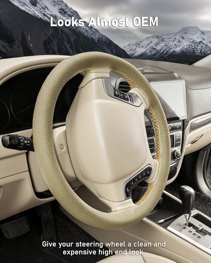 BELINOUS Universal Leather Car Steering Wheel Cover, Stitch On Wrap (Size L4, Beige)