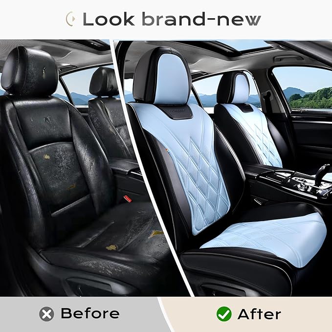 Coverado Car Seat Covers, Front Covers for Cars, Car Seat Cover Front Seats, Automotive Seat Cover, Waterproof, Leather Car Seat Cushion, Universal Interior Seat Protectors for Most Cars Black-Bule