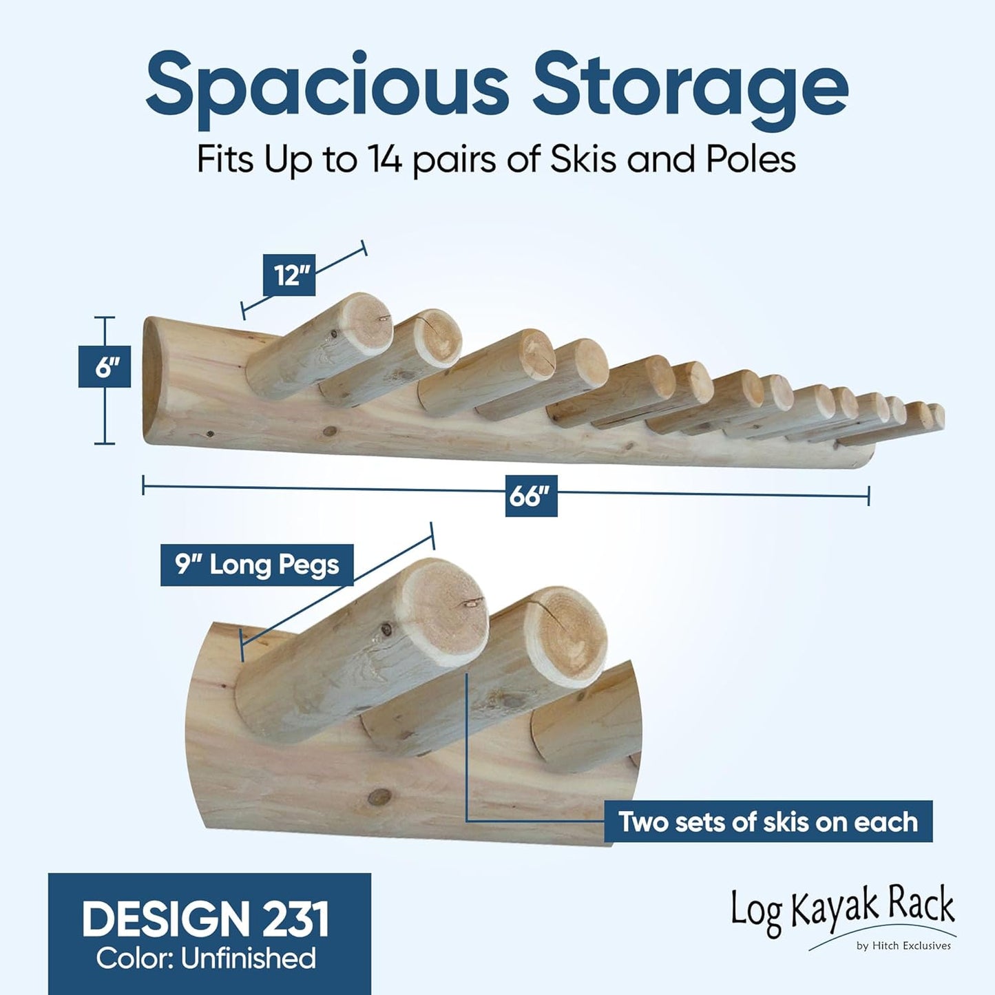 14-Place Log Ski Rack Wall Mount, Indoor Ski Storage Rack for Garage Organizers, Wooden Skis Wall Mount Storage Racks, Pole Skis Sports Racks, Garage Organization Walls - Unfinished