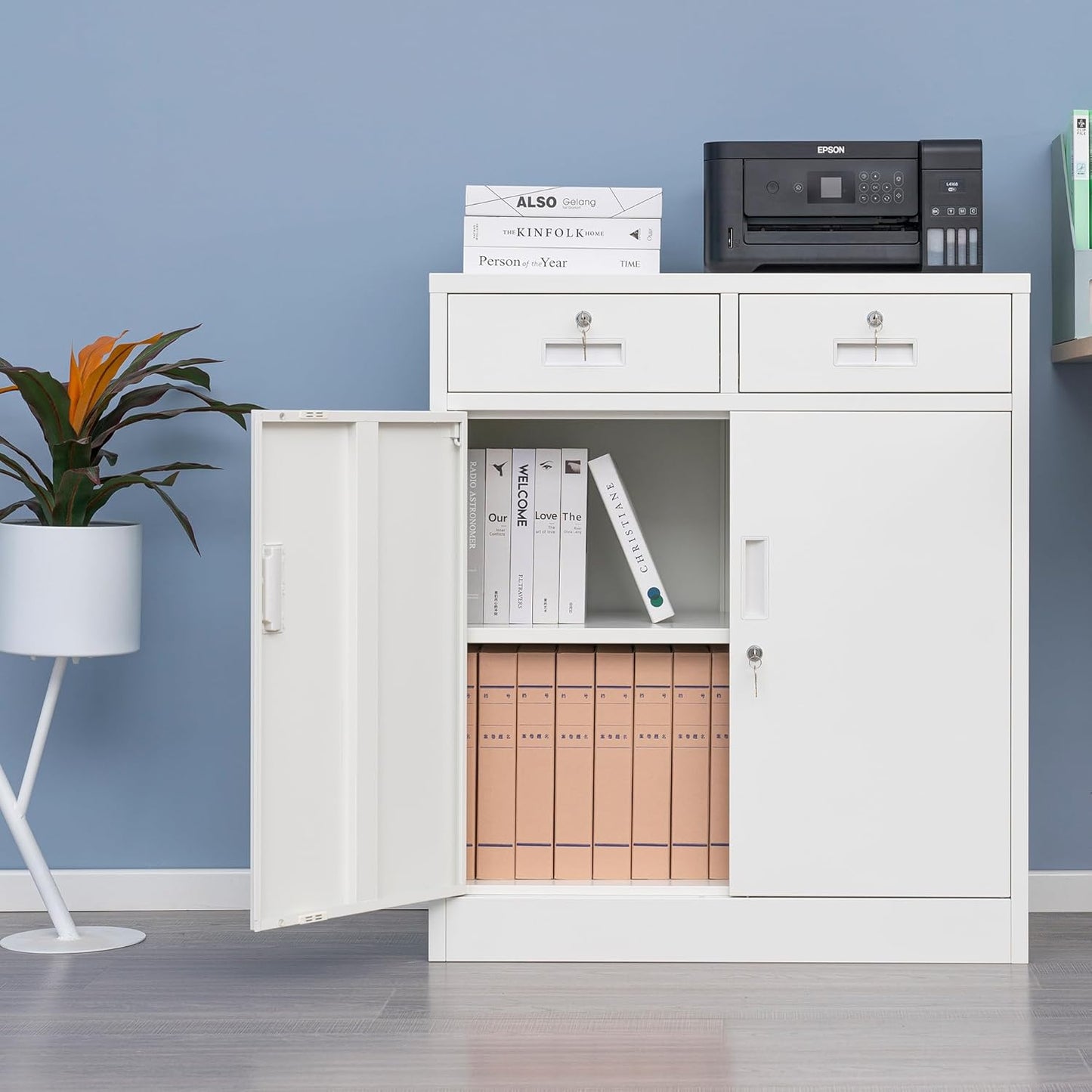 Metal Storage Cabinet, Locking Storage Cabinet with Adjustable Shelf, 36" H Metal Cabinets with Two Drawers for Office, Garage, Home-White