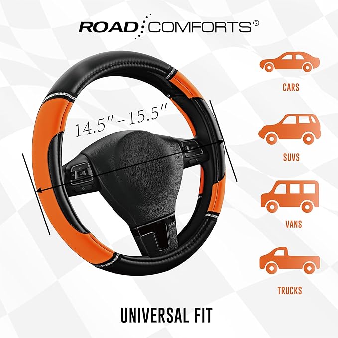 Road Comforts Leather Steering Wheel Cover - Made with PVC Leather - Anti-Slip, Universal Fit 14 1/2 inches to 15 inches - Orange