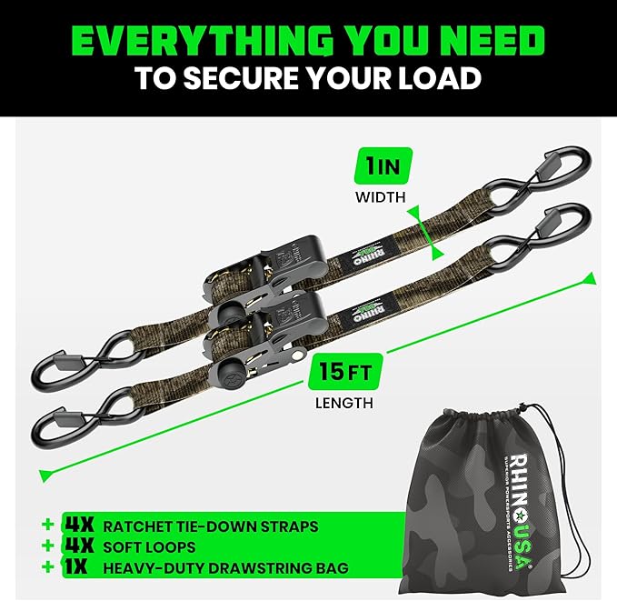 Rhino USA x Realtree Ratchet Straps Tie Downs (4-Pack) - 1 Inch x 15 Feet (1,823lb Break Strength) - Ultimate Tie Down Straps with Safety S Hooks - for Trucks, Cargo, Moving, Appliances - Camo