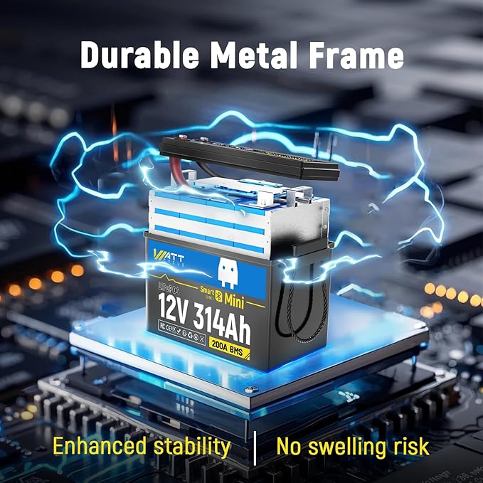 12V 314Ah Lithium LiFePO4 Battery Mini with Bluetooth 5.0 BMS 200A, 4.01kWh Energy, Upgraded Aluminum Cooling Fins & Braided Copper Wires, upporting devices over 2000W (1 PACK)