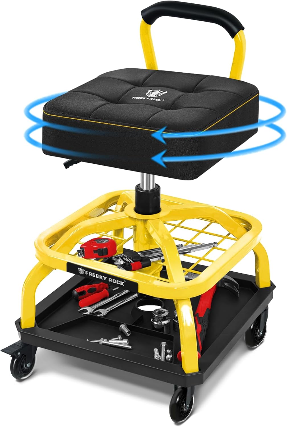 Rolling Shop Stool with Wheels, Garage Mechanic Shop Chair with Handle Backrest, Adjustable Height Work Stool, Roller Seat with Tool Tray Storage, Heavy Duty, 330 LBS Capacity, Yellow