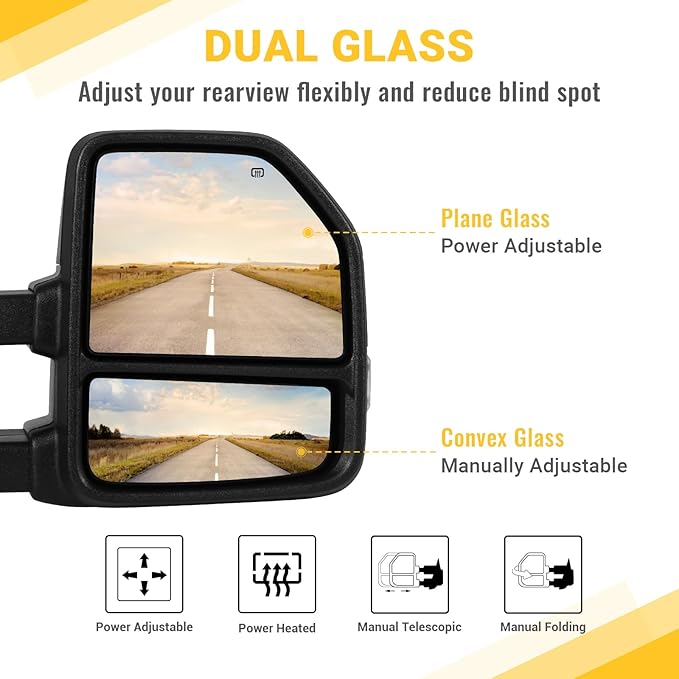 Towing Mirrors for 2015-2020 F150 Ford Tow Mirrors with Turn Signal & Running Light Heated Power Glass Temp Sensor Pair Set, Unpainted Black