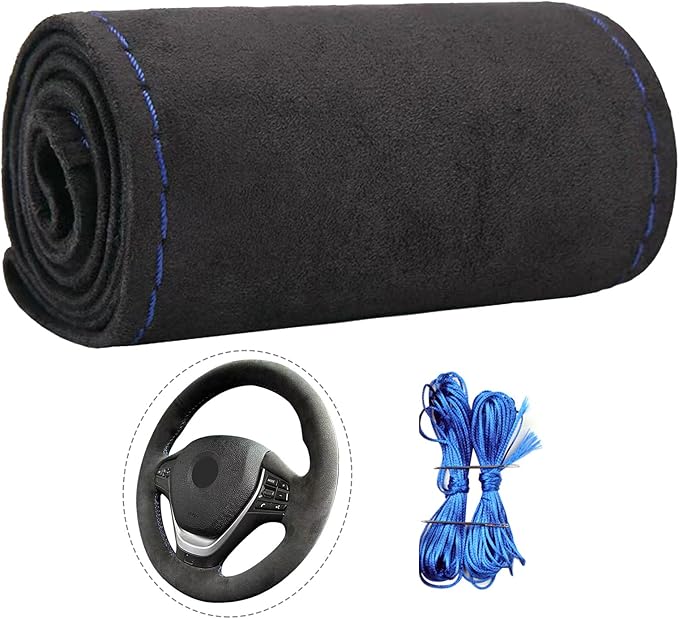 Suede Leather Steering Wheel Cover - DIY Stitch-On Wrap with Needle & Thread (Multiple Thread Colors), Breathable Cowhide, Non-Slip Grip, Fits 14.5-15 Inch, Comfortable & Durable for Year-Round Use