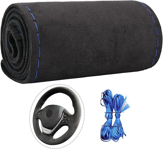 Suede Leather Steering Wheel Cover - DIY Stitch-On Wrap with Needle & Thread (Multiple Thread Colors), Breathable Cowhide, Non-Slip Grip, Fits 15-16 Inch, Comfortable & Durable for Year-Round Use
