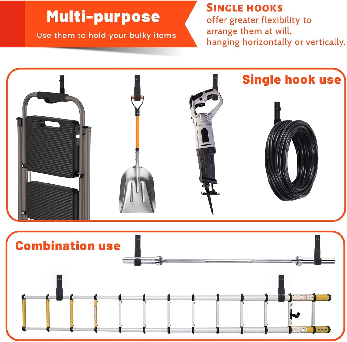 4 Pack Garage Storage Hooks, Ladder Hangers, Steel Wall Mount Hooks, Utility Hooks for Hanging Heavy Duty Shed Tools, Ropes, Garden Hoses, Shovel, Bulk Items, etc.（88lbs, 4Inch）