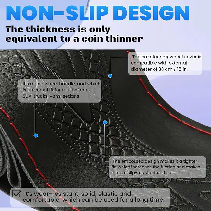 DEEYOTA Car Steering Wheel Cover Universal Fit Round Stitch Steering Wheel Wrap Thin PU Leather Steering Wheel Cover Sewn on 15" Car Wheel (Coffee)